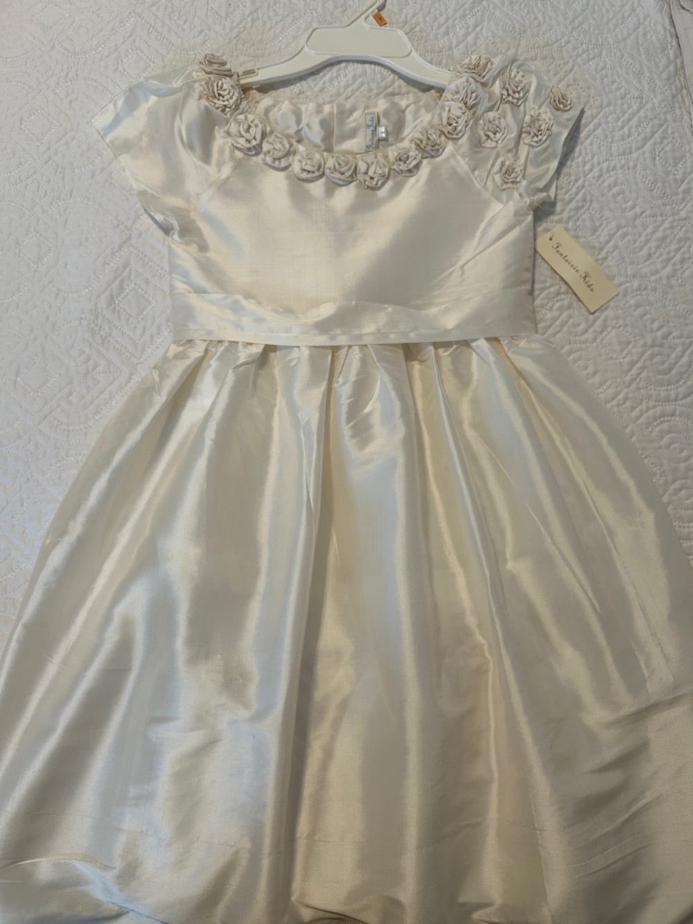 Fantaisie Kids Ivory Satin Dress with Rosette Trim